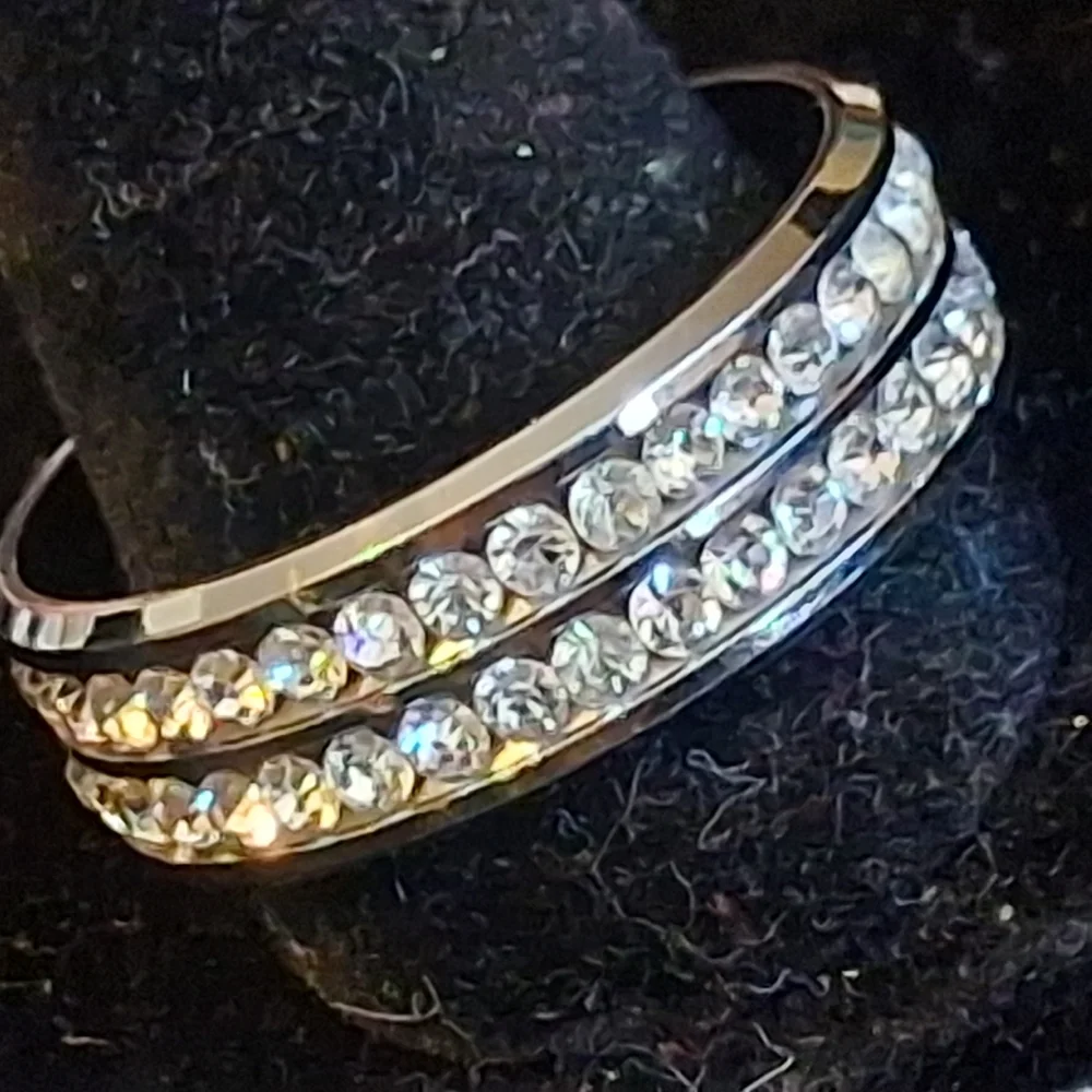 Silvertone Cigar Band Ring With Faux Diamonds Size 11 3/4